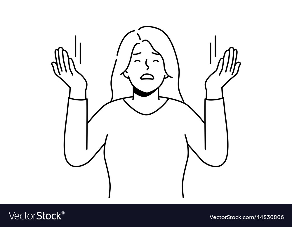 Young woman with hands raised praying Royalty Free Vector