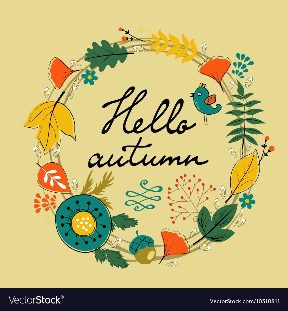 Beautiful Hello Autumn Card With Wreath Royalty Free Vector