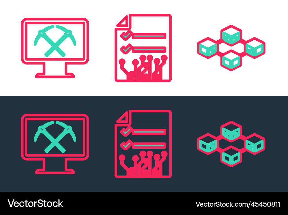 Set line blockchain technology mining with Vector Image