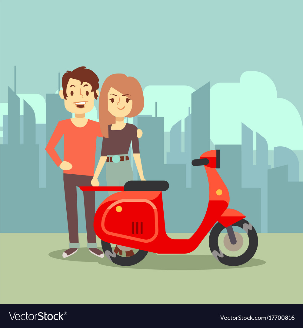 Cute cartoon young lovers and bike on city Vector Image Cute cartoon young lovers and bike on city Vector Image