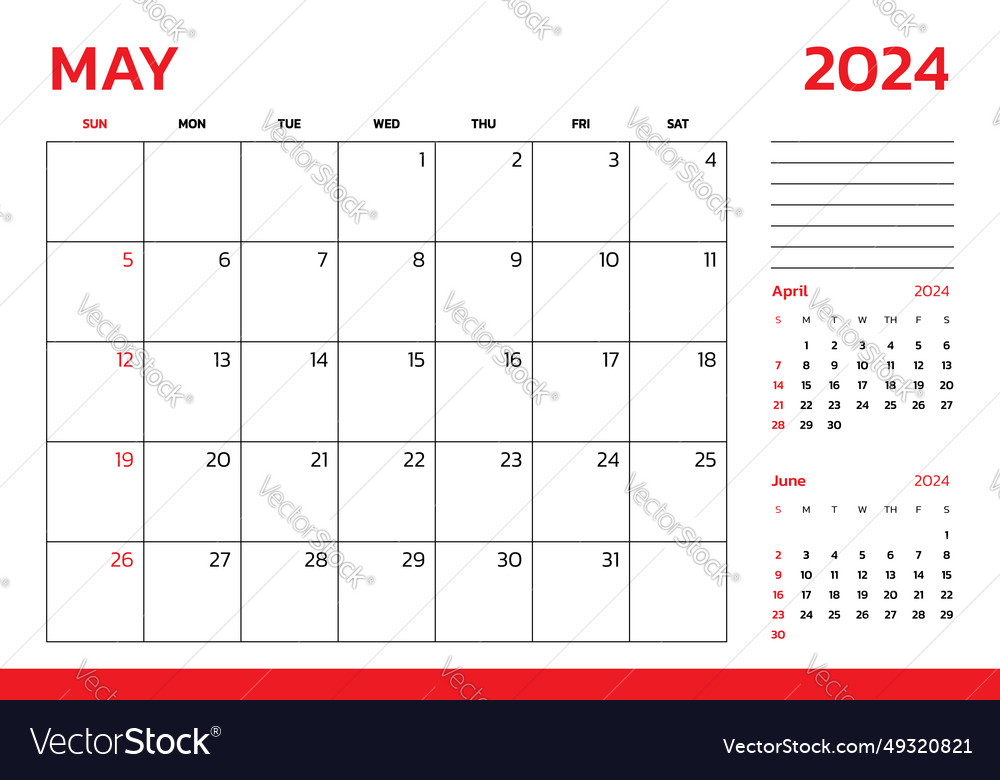 May 2024 calendar week start on sunday desk Vector Image