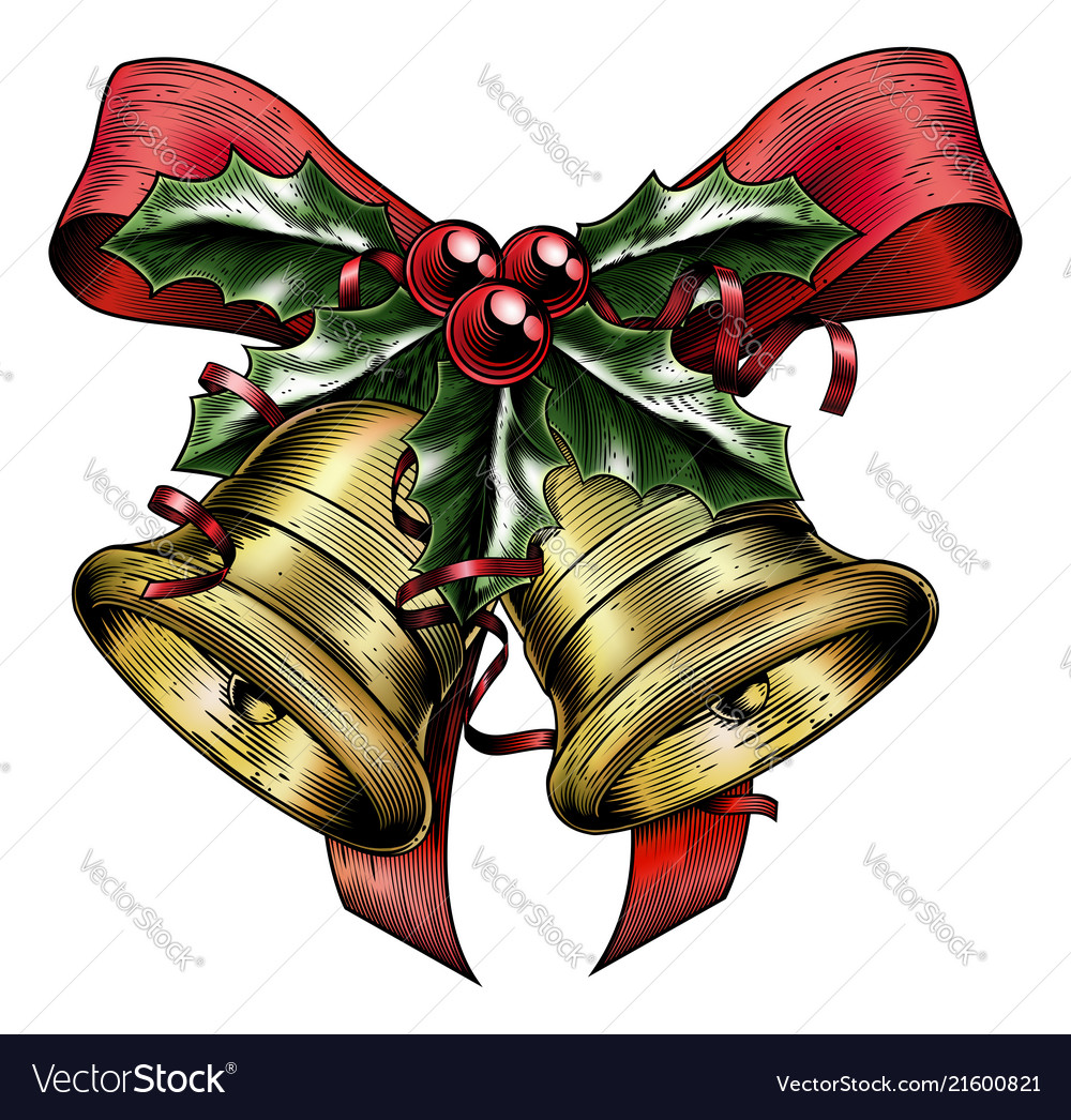 Vintage etching christmas holly bow Royalty Free Vector