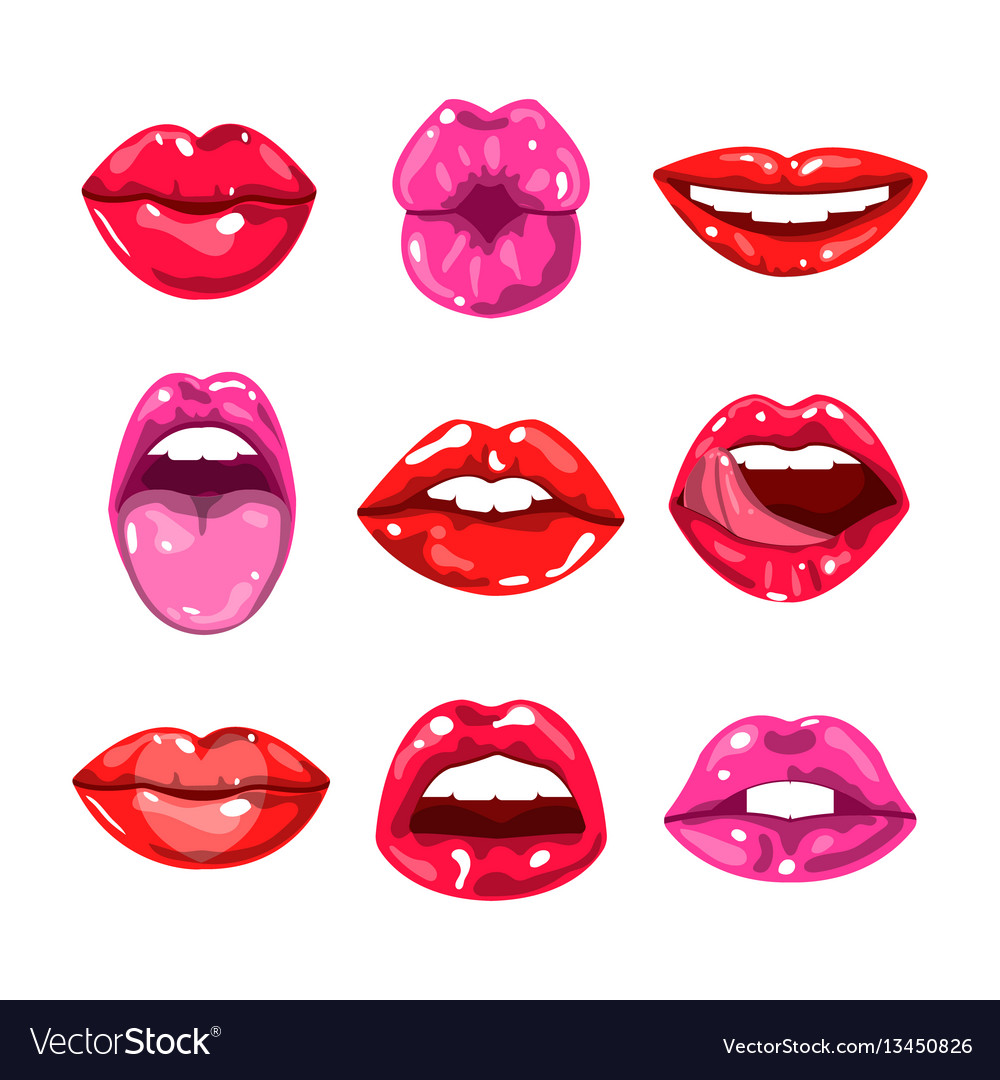 Female glossy colored lips that kiss and show Vector Image