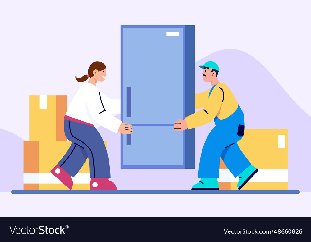 Man and woman carry fridge in apartment Royalty Free Vector