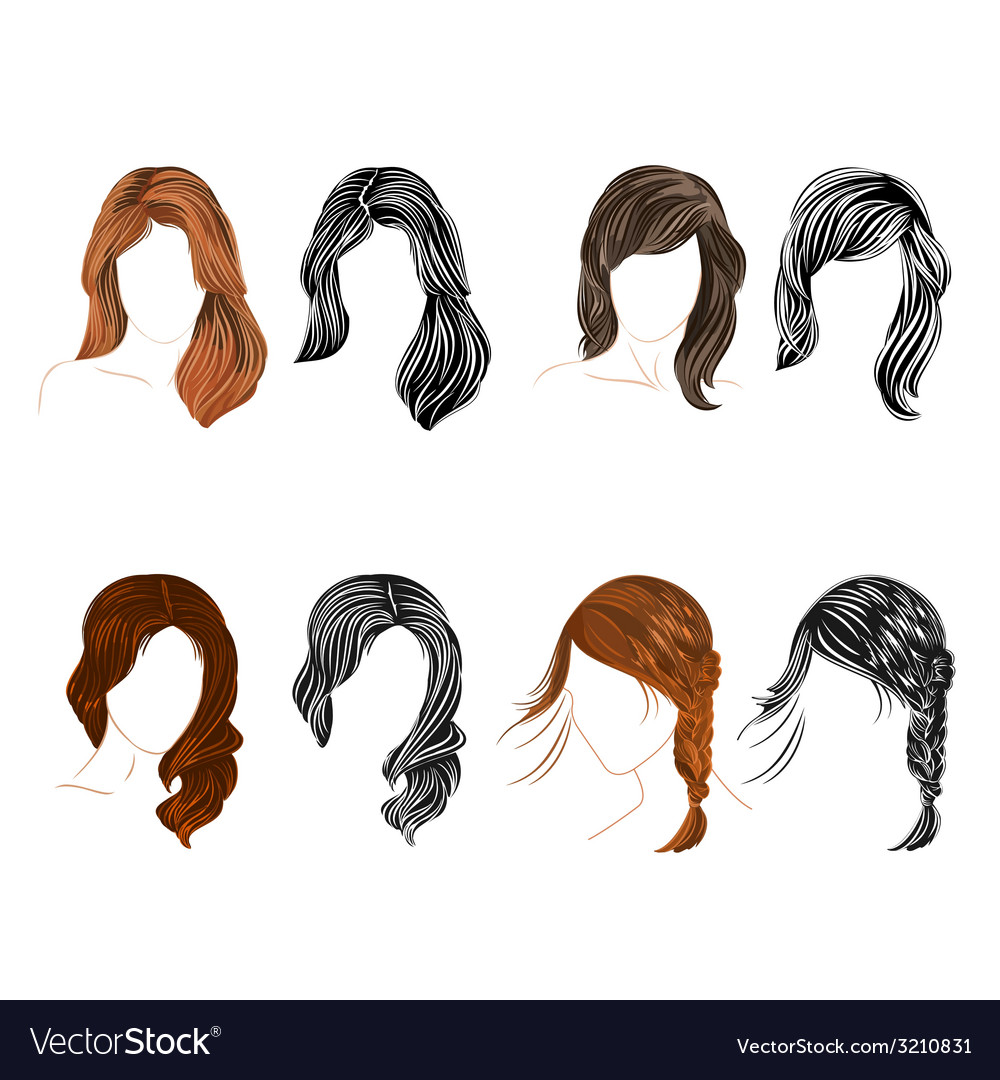 Set Of Four Long Hair Natural And Silhouette Vector Image