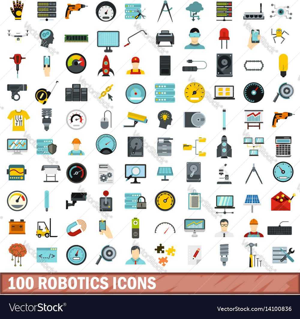 100 robotics icons set flat style Royalty Free Vector Image