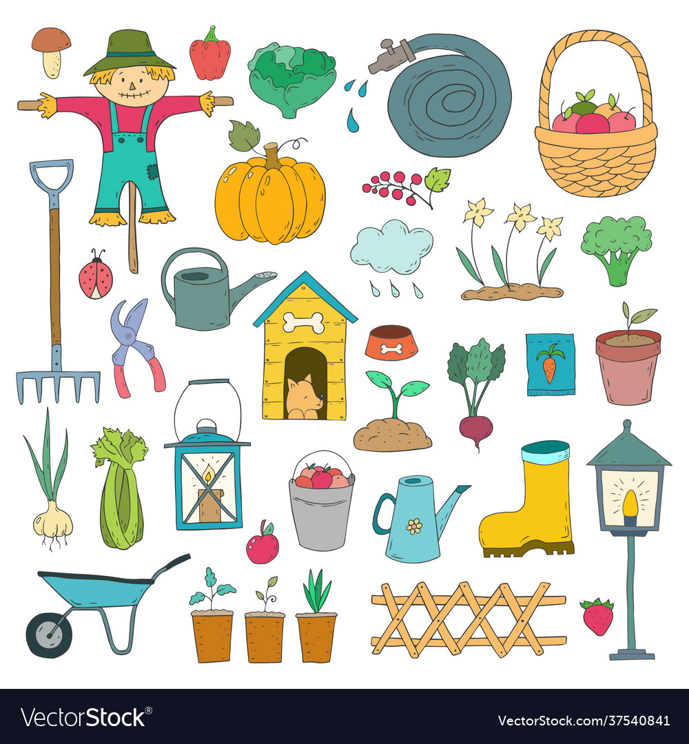 Set cartoon gardening items a white background Vector Image