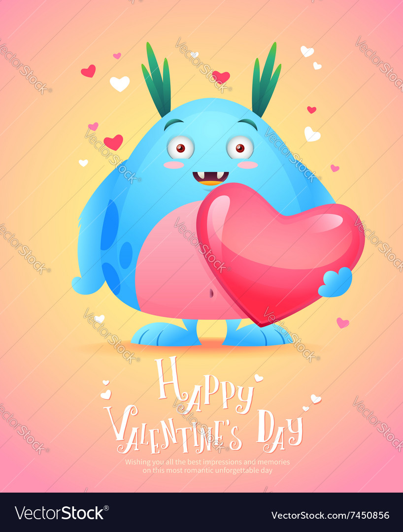 Cute cartoon monster in love holding a pink heart Vector Image