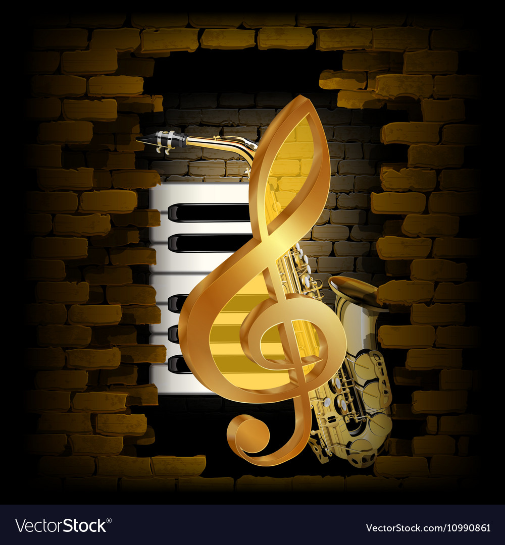 Golden treble clef saxophone piano key on a brick