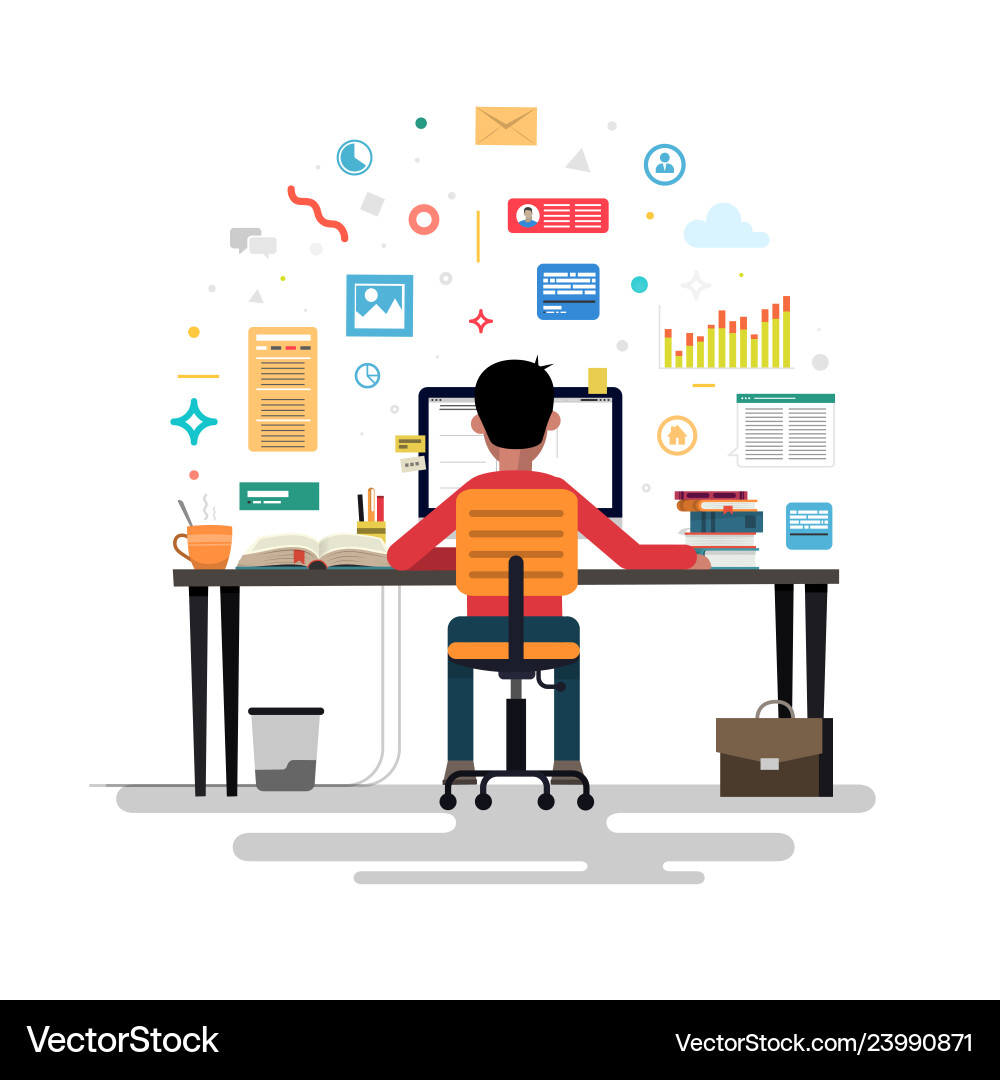 Businessman working at computer Royalty Free Vector Image