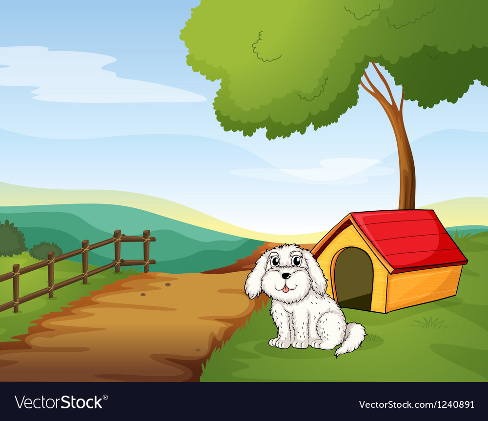 A white dog sitting in front of a dog house Vector Image
