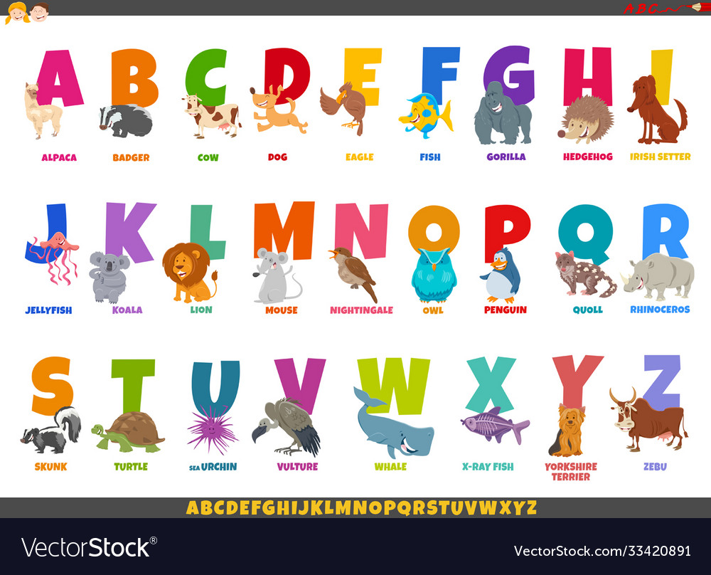 Cartoon alphabet set with funny animal characters Vector Image