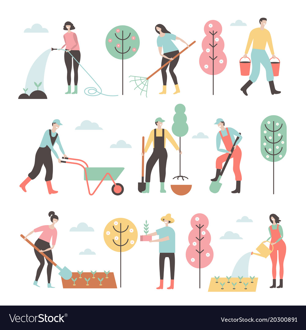 People Working In Garden Design Elements And Icons