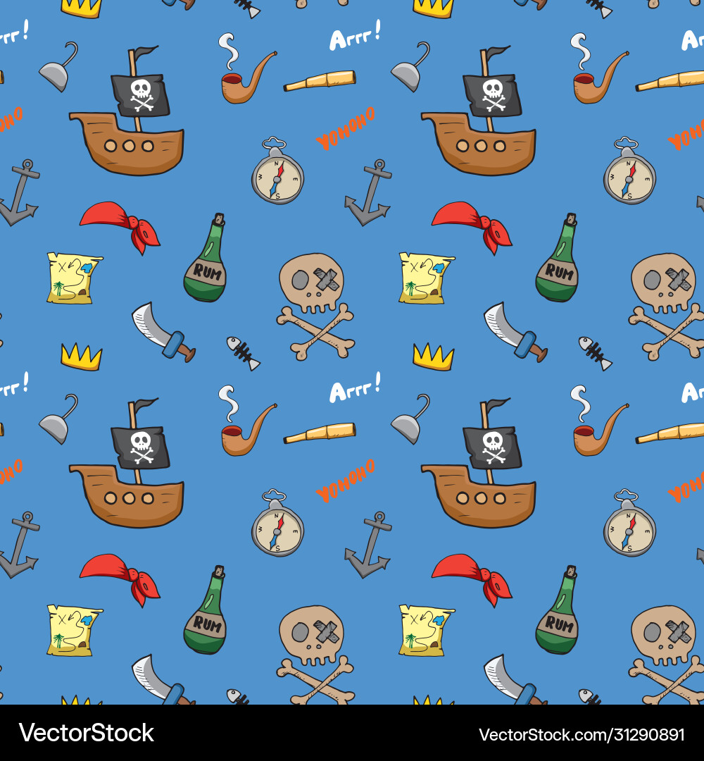 Pirate doodles seamless pattern cute items Vector Image