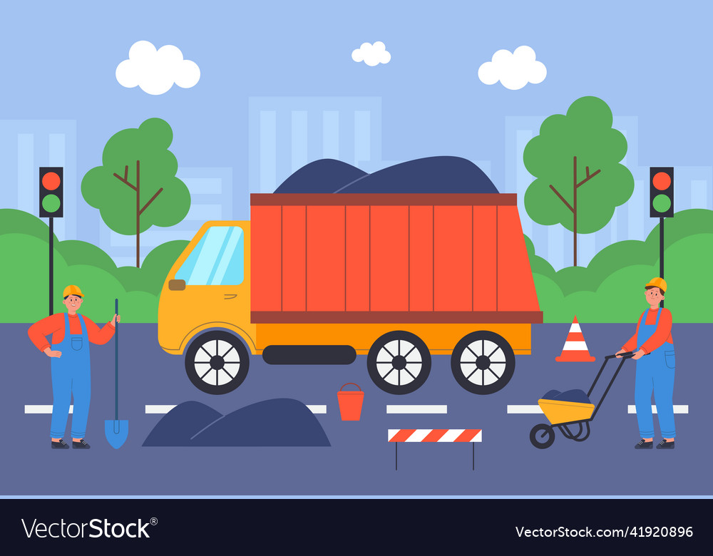 Cartoon workers paving road on highway Royalty Free Vector