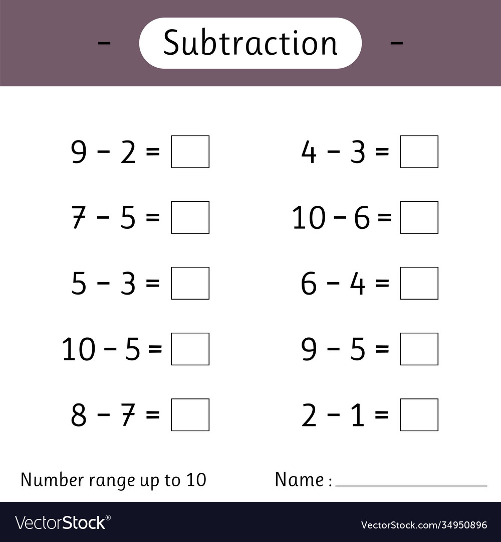 subtraction number range up to 10 math worksheet vector image