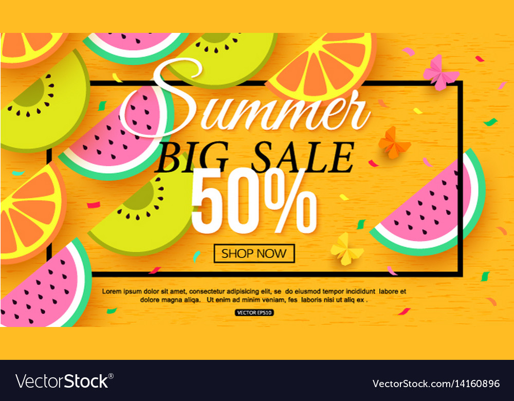 Summer sale banner with slices of fruit on yellow Vector Image