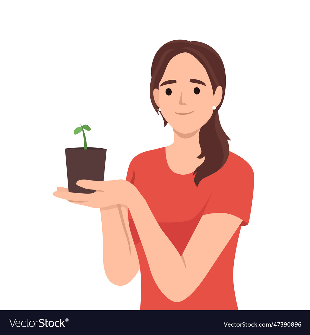 Woman holds handful of earth with plant drawing Vector Image