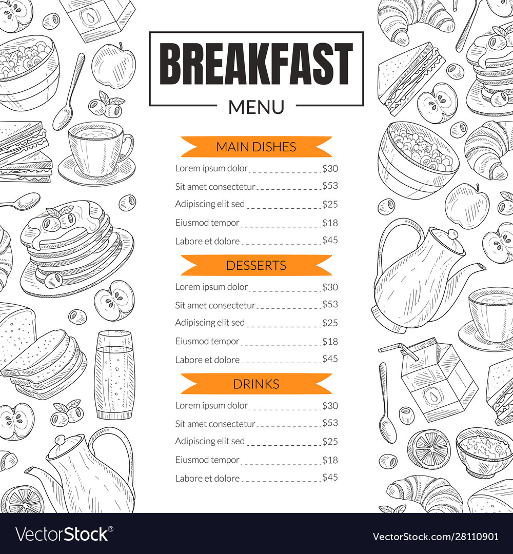 Breakfast menu template design for restaurant Vector Image