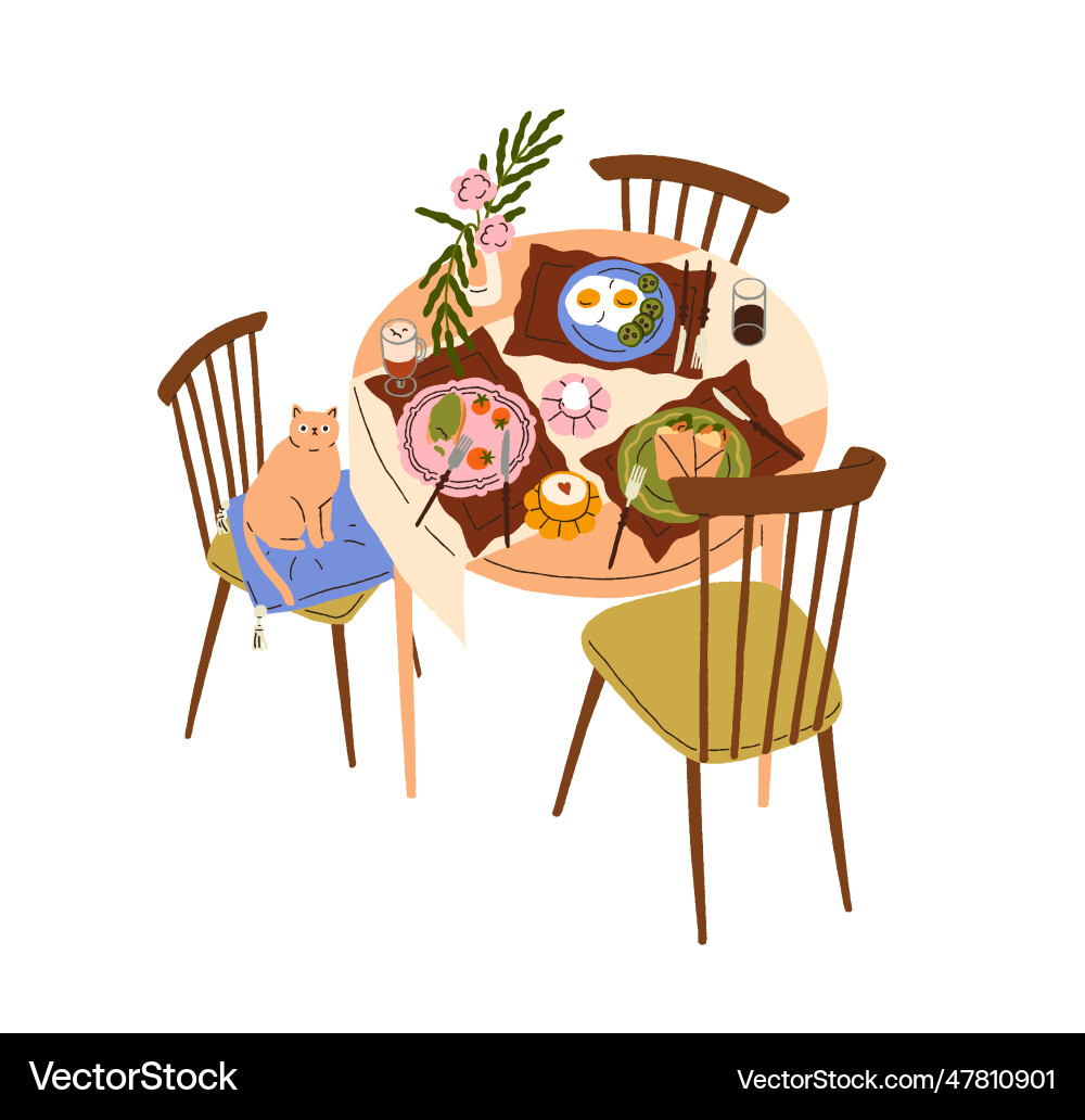 Dining table served set for breakfast morning Vector Image