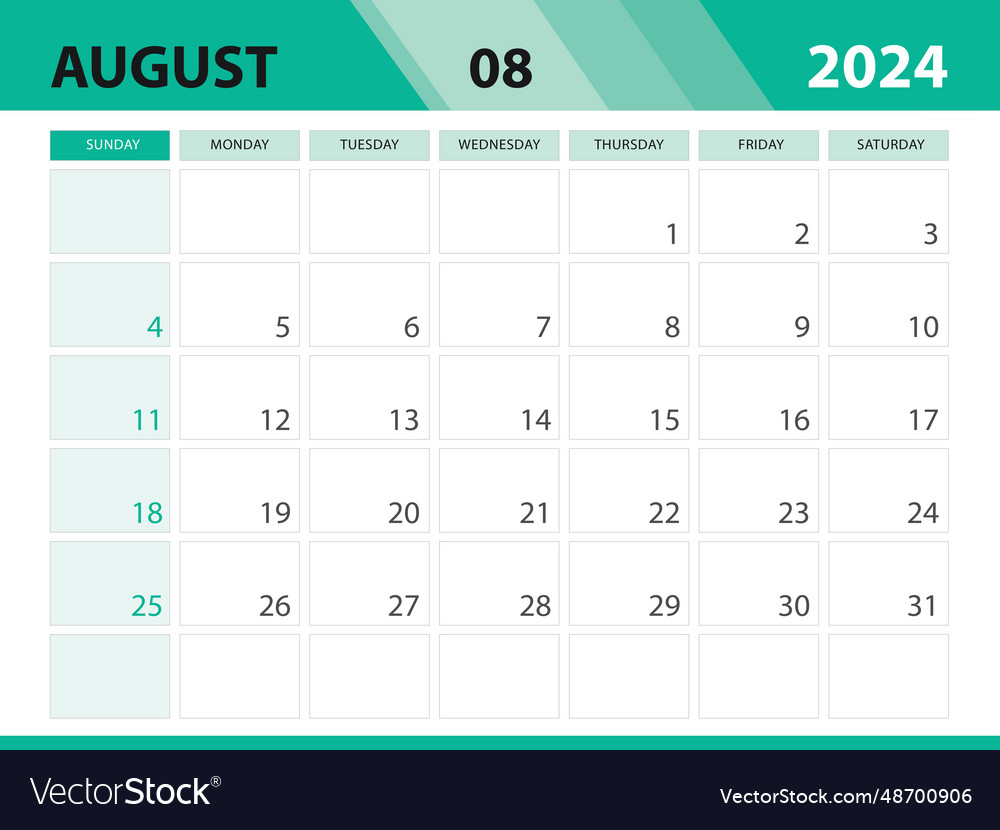 August 2024 template calendar Royalty Free Vector Image