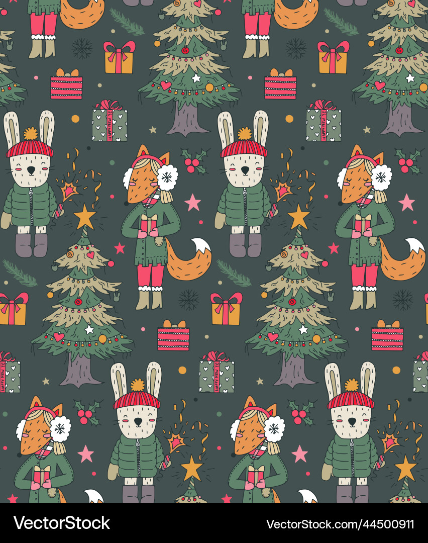 Christmas seamless pattern with hand drawn Vector Image
