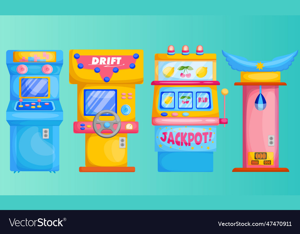 Colorful game machines flat set Royalty Free Vector Image