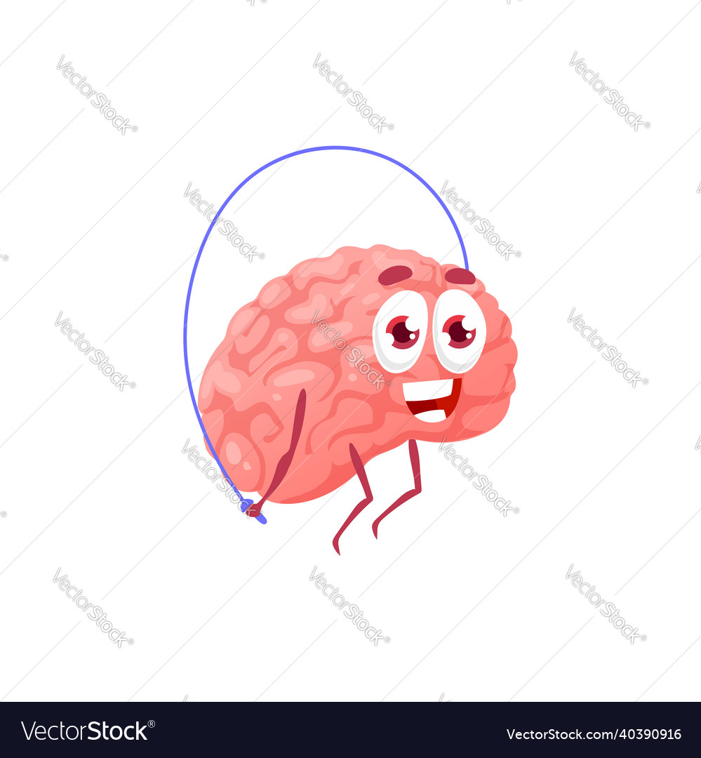 Cartoon brain jumping on rope isolated mind mascot