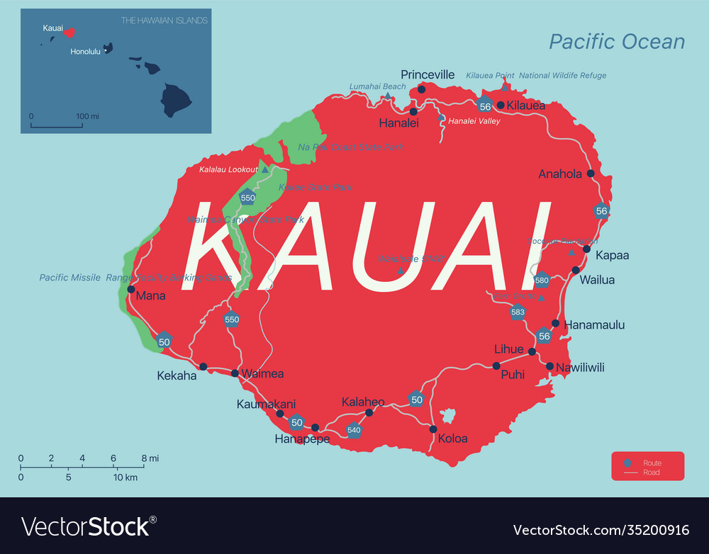 Kauai island detailed editable map Royalty Free Vector Image