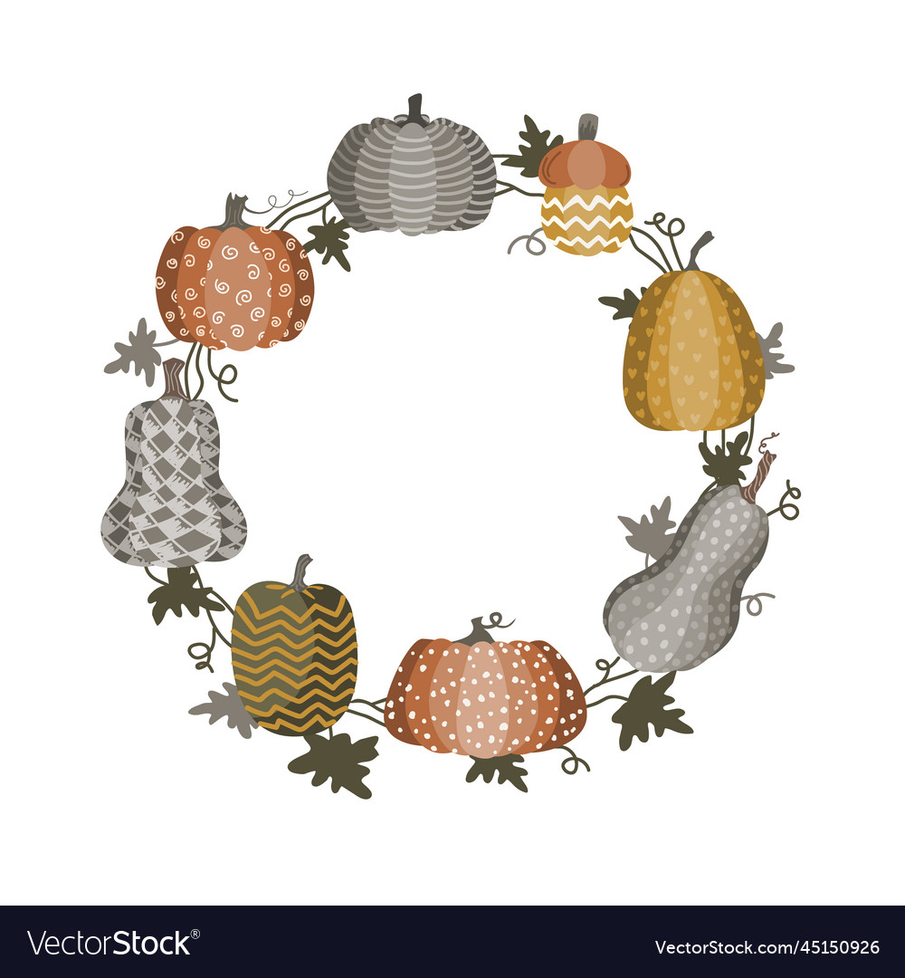 Round frame wreath with doodle painted pumpkins vector image Round frame wreath with doodle painted pumpkins