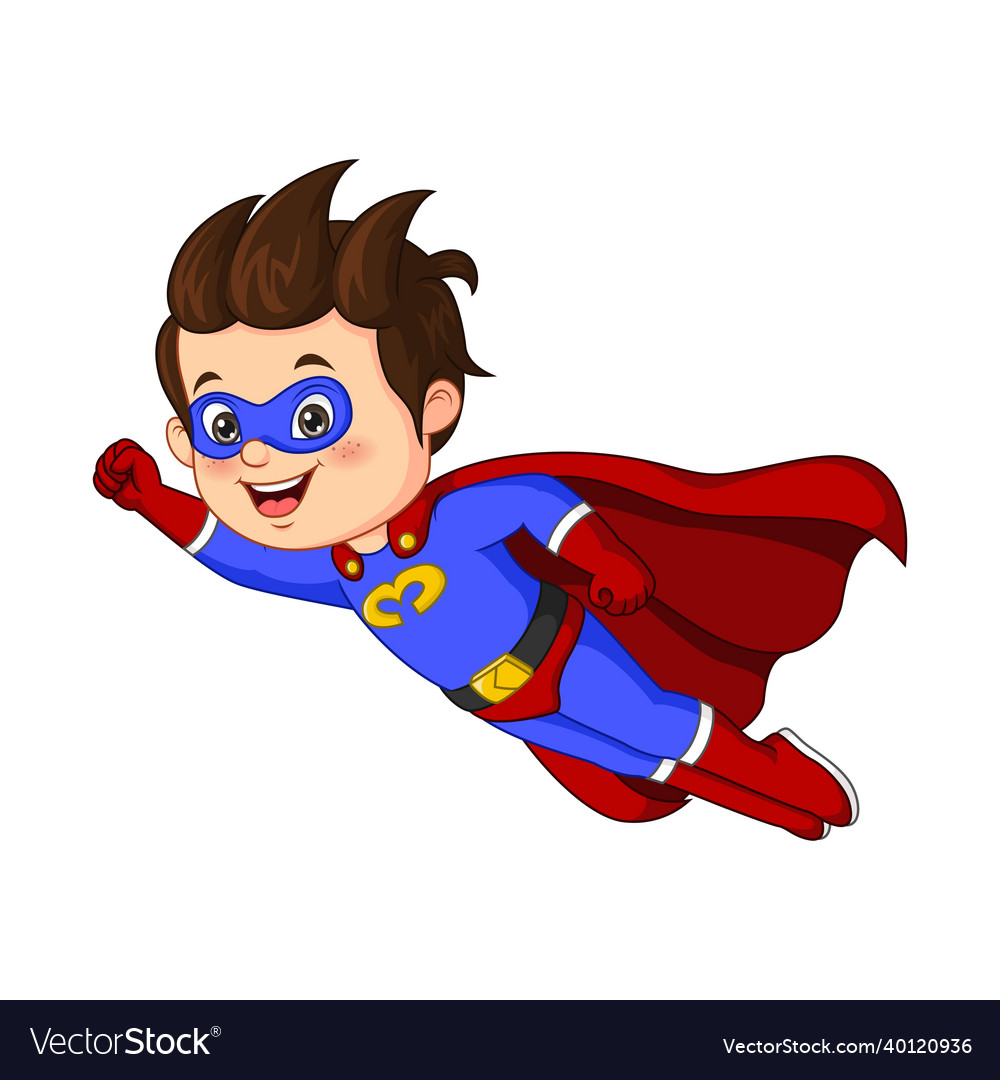 Cartoon happy superhero boy flying Royalty Free Vector Image