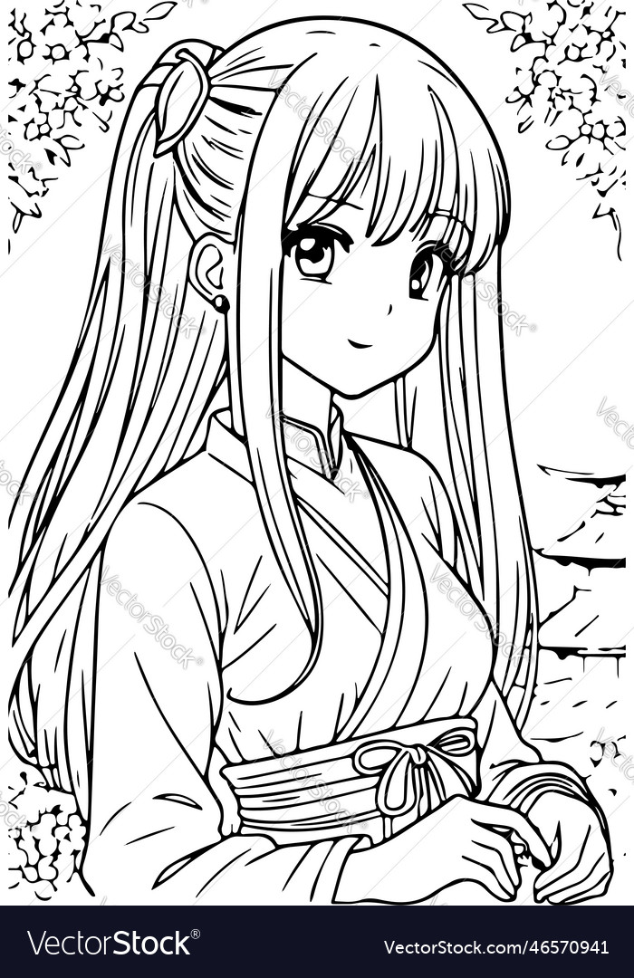 Sketch of beautiful anime girl. Anime girl line drawing. Can be colored.  Vector illustration Stock Vector