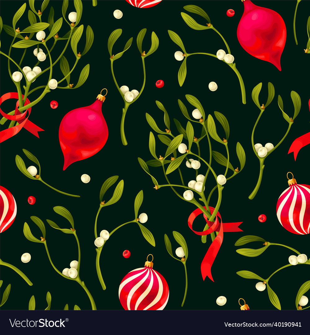 Seamless Pattern With Mistletoe And Red Bow Vector Image