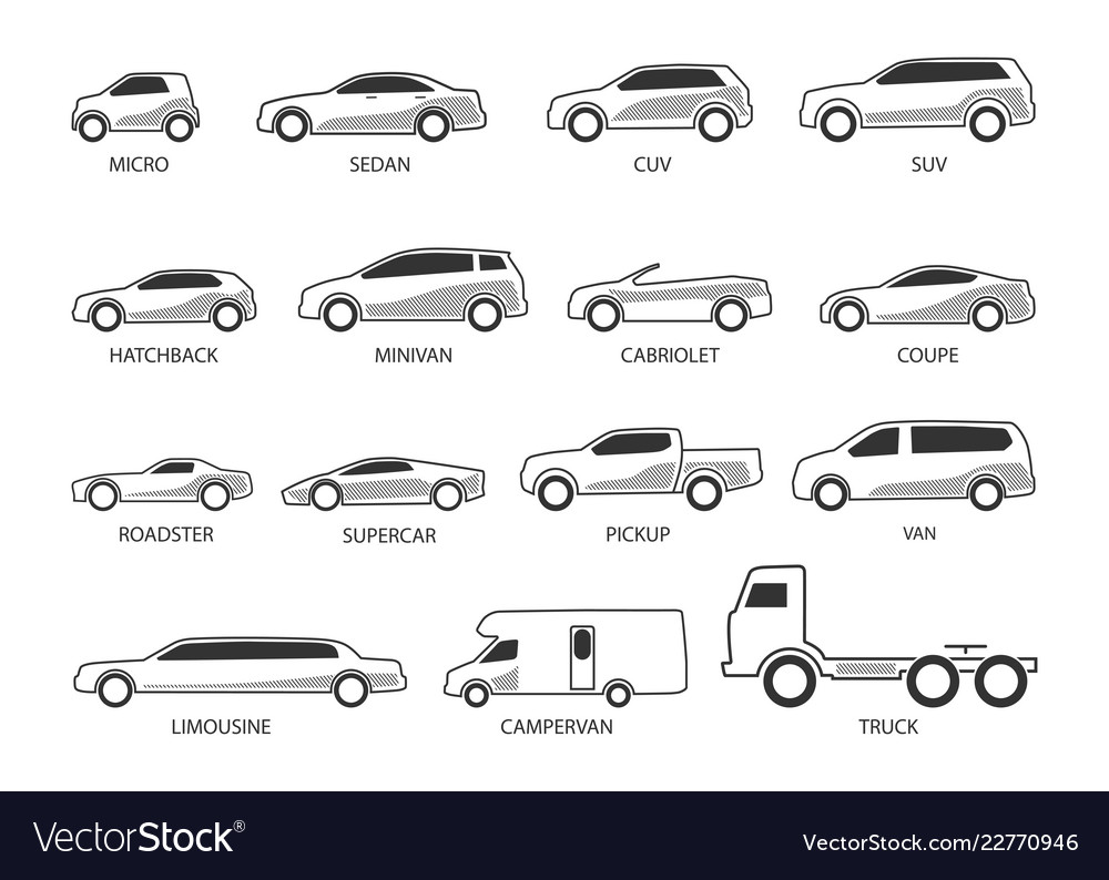 Car icon pack. All car types icon collection. Vehicle icons