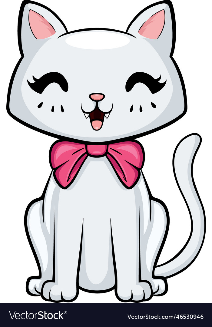 Cute White Cat Cartoon On White Background Vector Image 8497