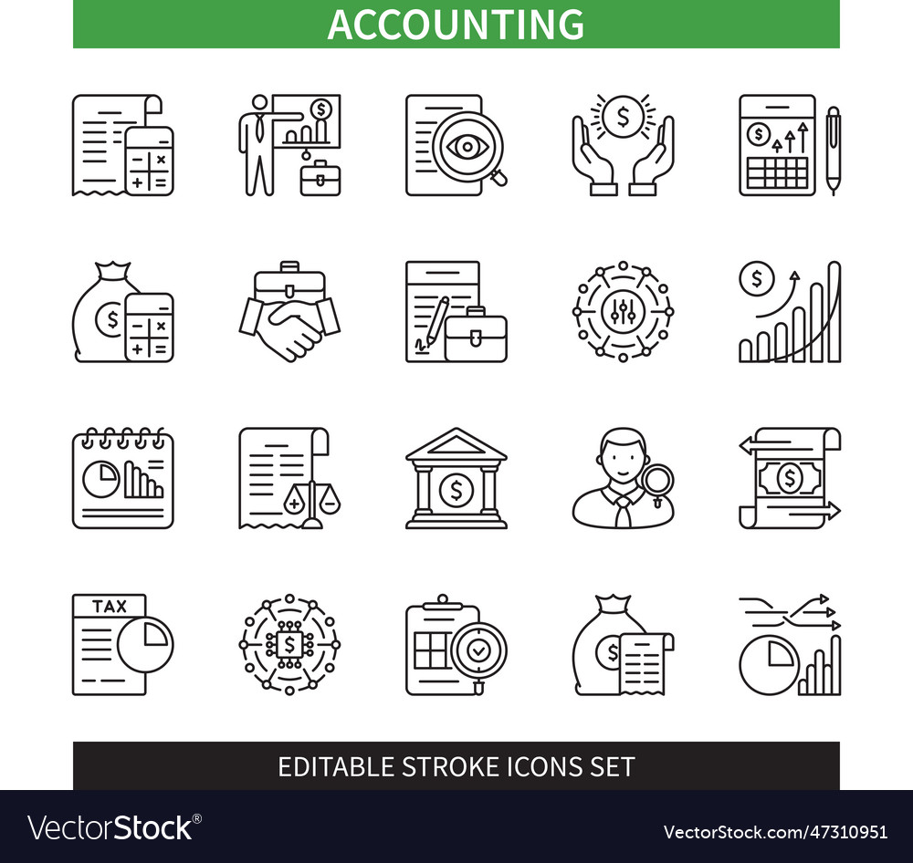 Accounting editable stroke icon set Royalty Free Vector