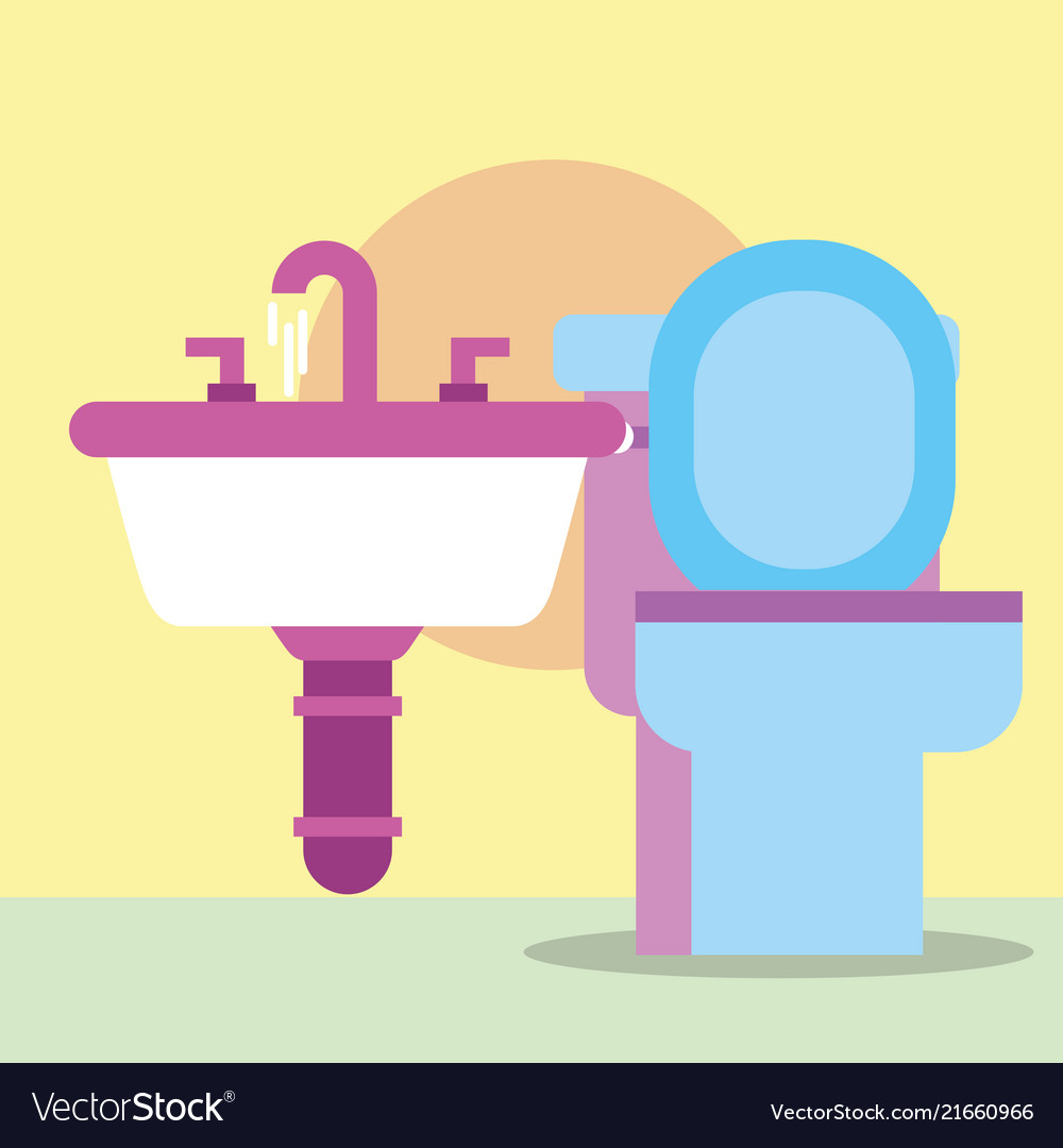 Toilet and washbasin faucets cartoon bathroom