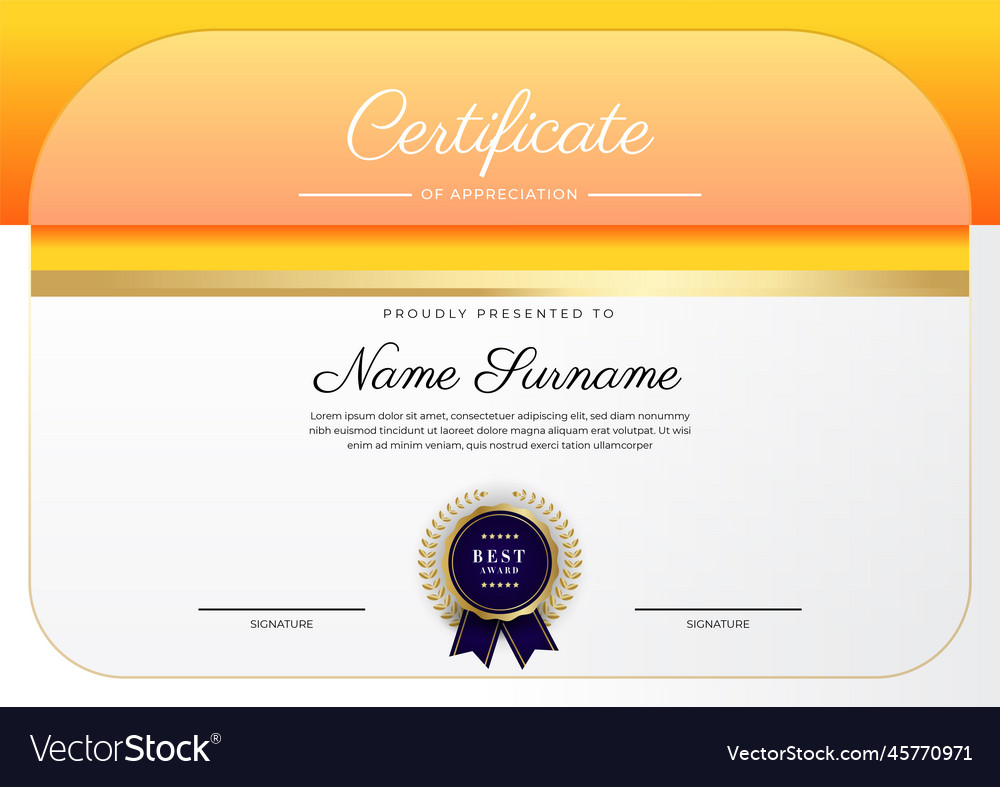 Modern orange certificate of achievement award Vector Image