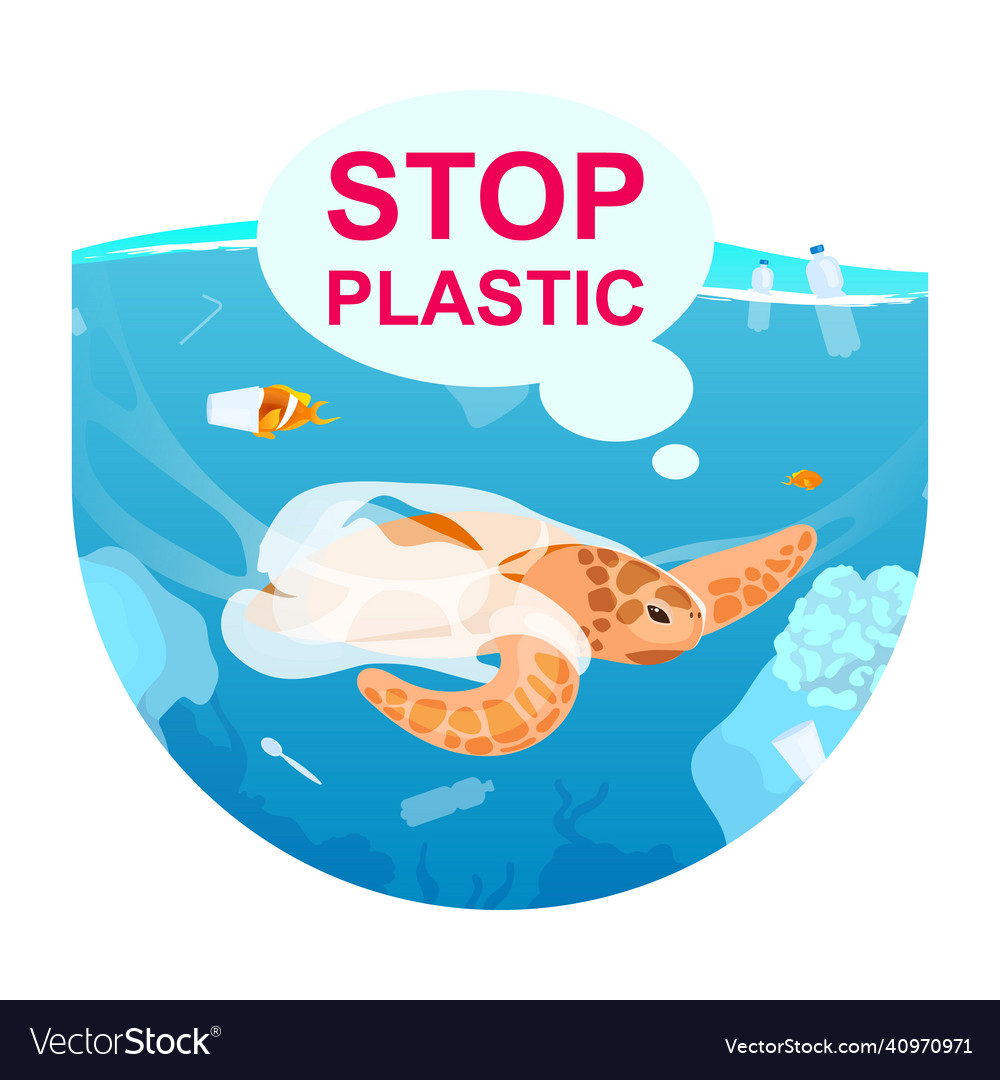 Turtle in ocean with plastic waste flat concept Vector Image