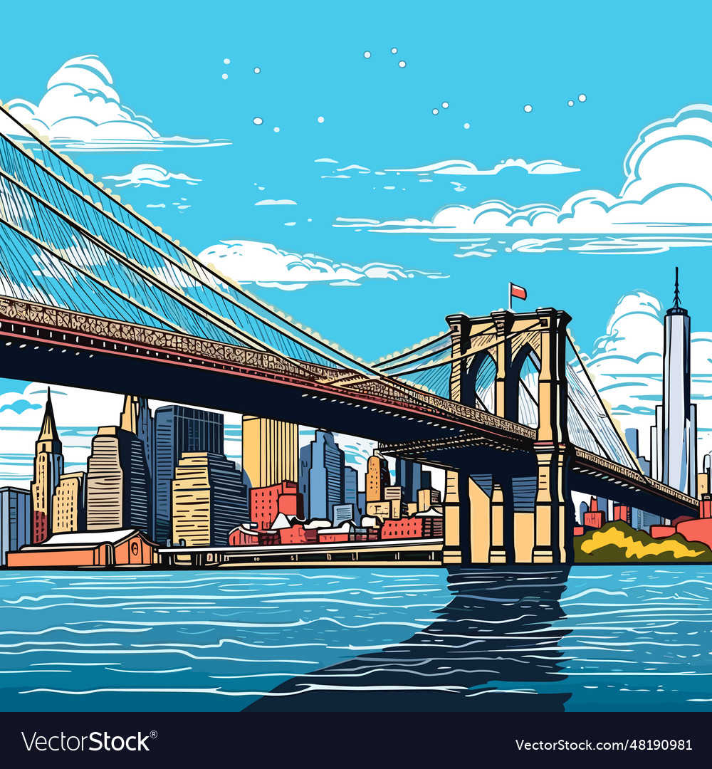 Brooklyn bridge bridge hand-drawn comic Royalty Free Vector