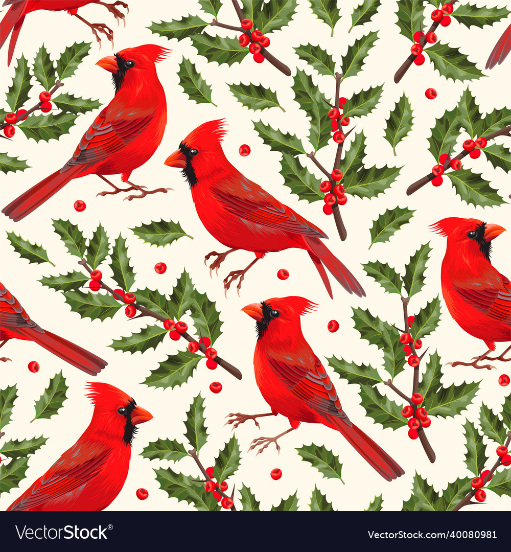 Seamless pattern with birds and holly Royalty Free Vector