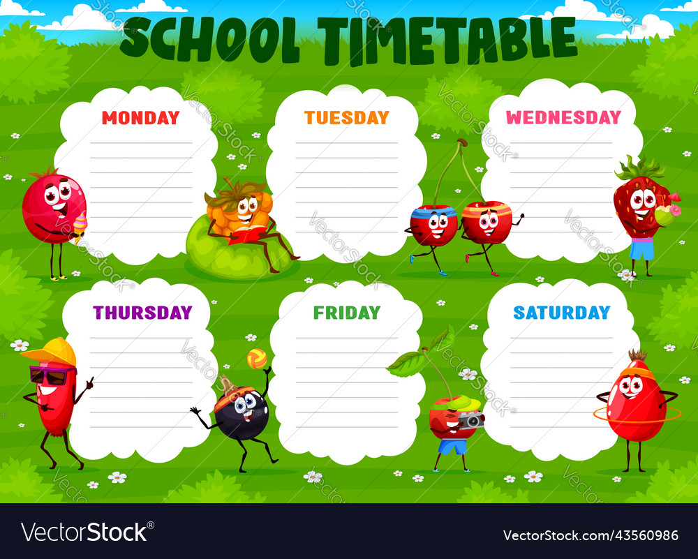 Education timetable with berry character on meadow