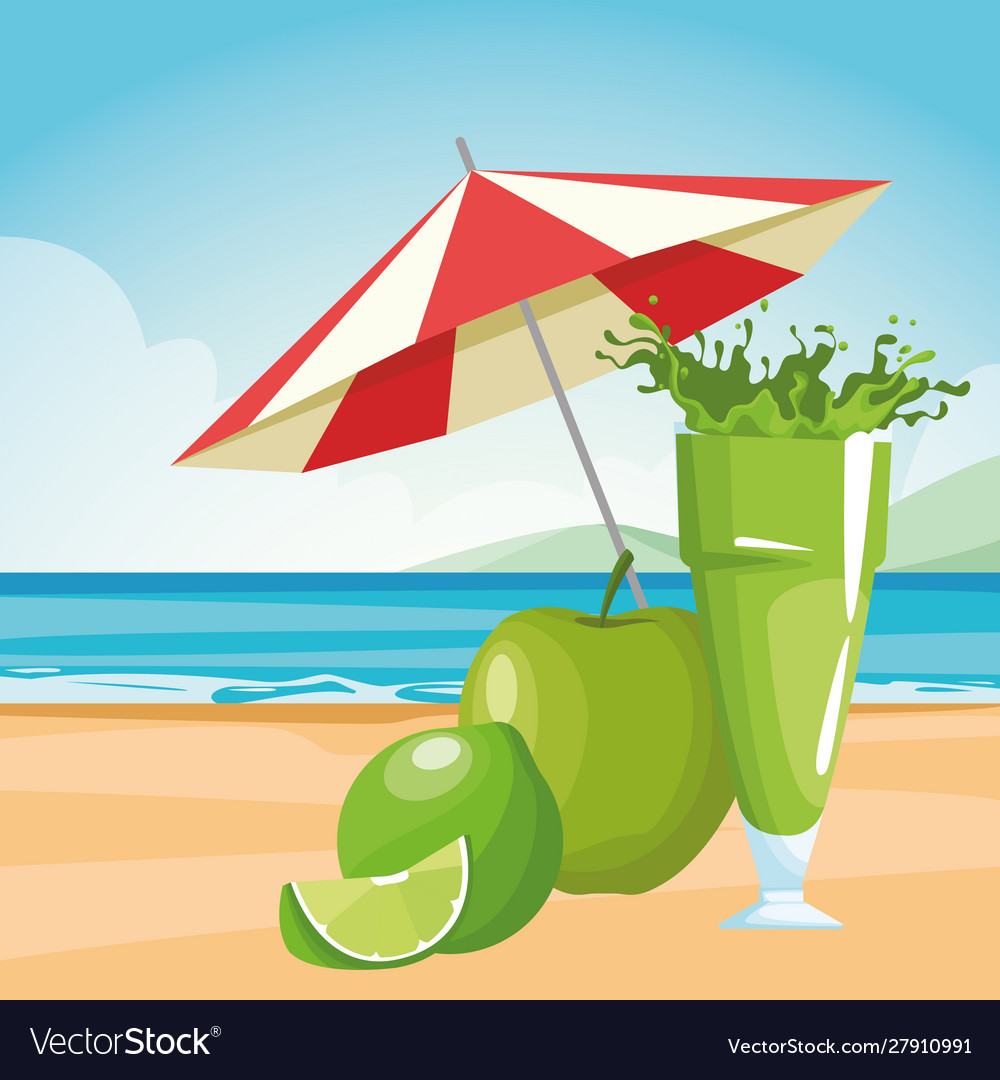 Green fruits and juice glass at beach Royalty Free Vector