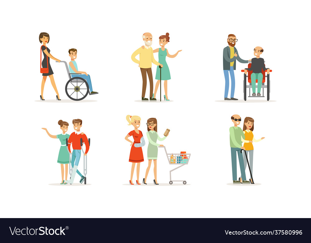 Volunteers helping and supporting disabled people Vector Image