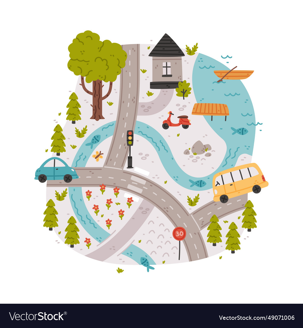 Naive city map with cartoon road car and house Vector Image