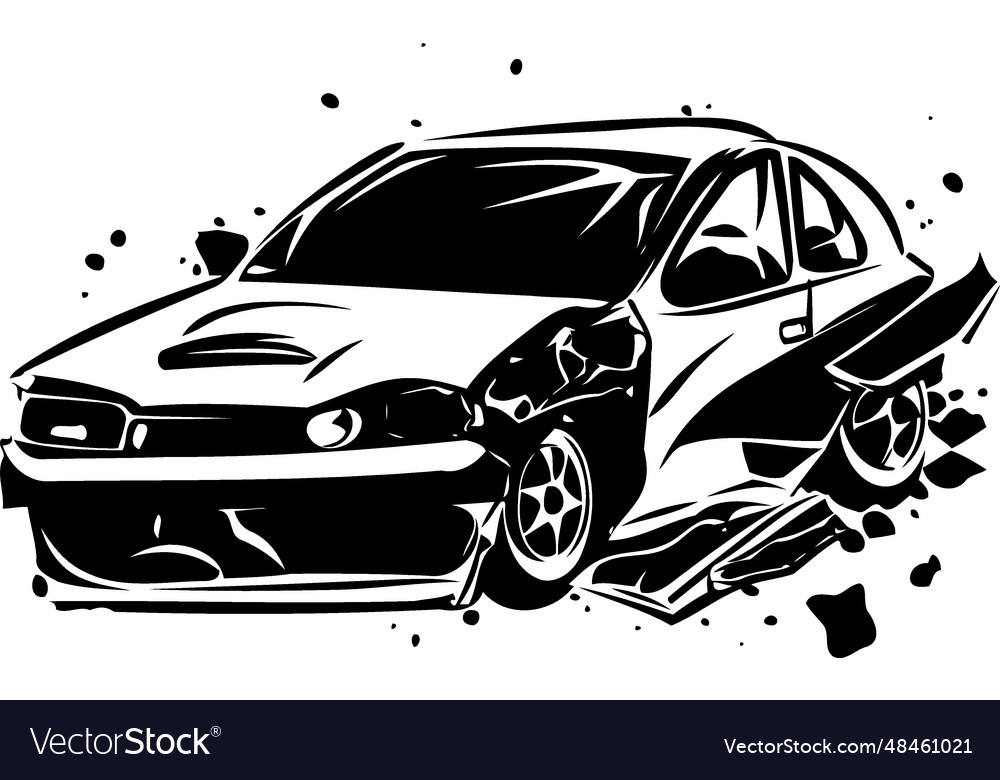 Crashed Car Accident Black And White Royalty Free Vector