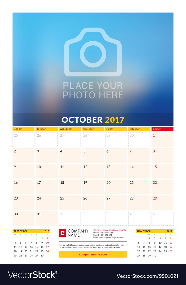 October 2017 wall monthly calendar for year Vector Image