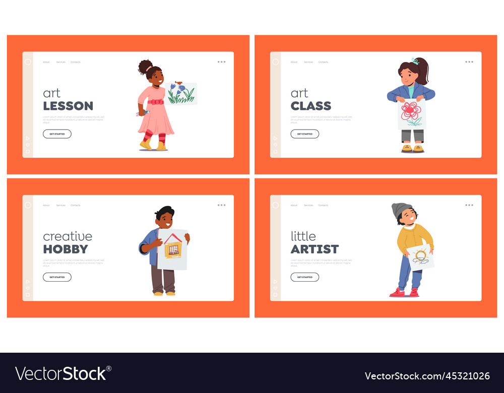 Children holding drawings landing page template Vector Image