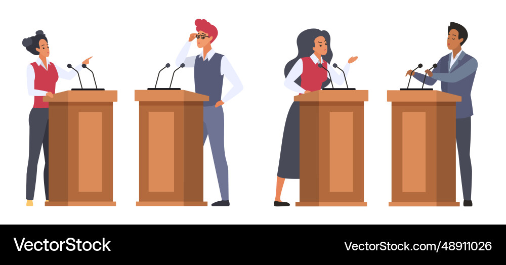 Debates between two speakers on rostrums set male Vector Image