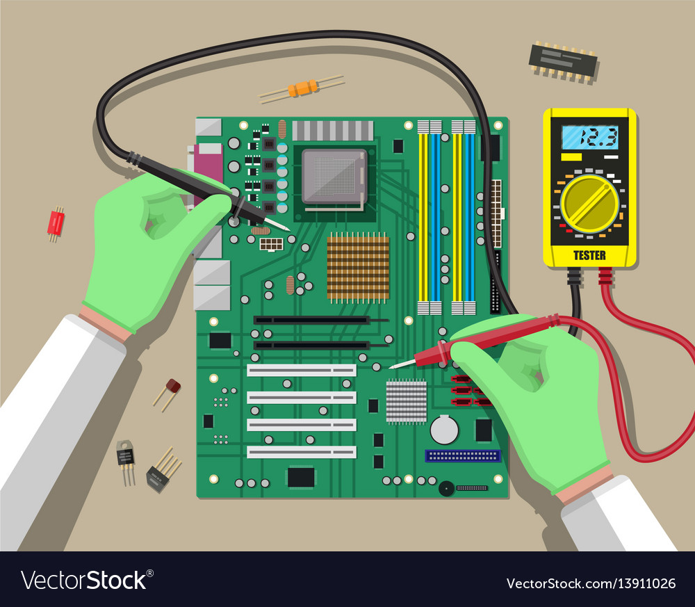 engineer with multimeter checks motherboard vector image